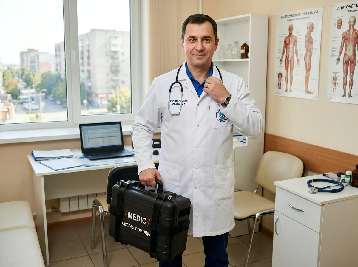 Врач-нарколог в белом халате держит медицинский чемодан, готовится к выезду на дом в Самаре, профессиональный доктор, уверенный вид, светлый медицинский кабинет