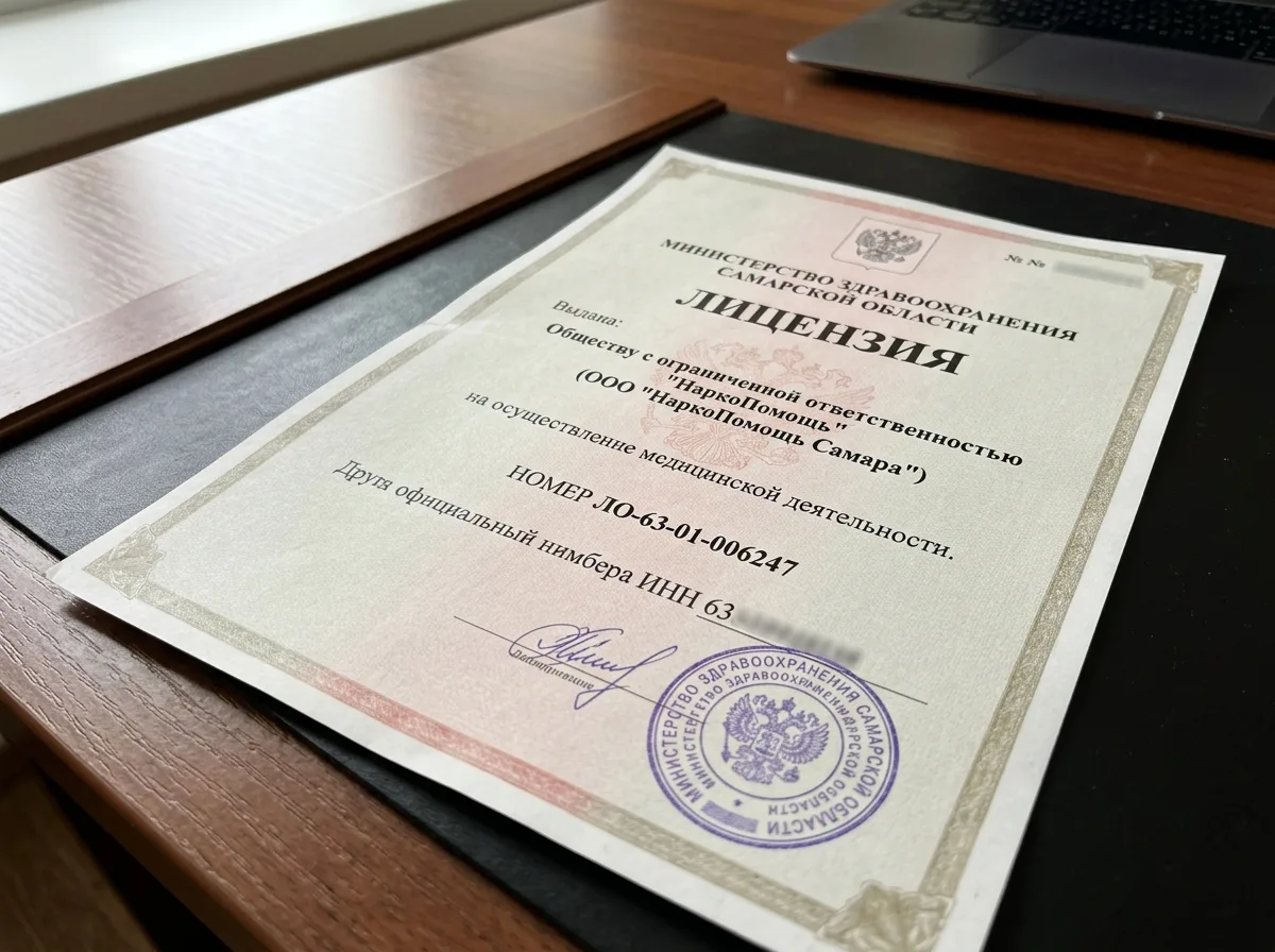 Медицинская лицензия ООО НаркоПомощь Самара, номер ЛО-63-01-006247, выдана Министерством здравоохранения Самарской области, официальный документ